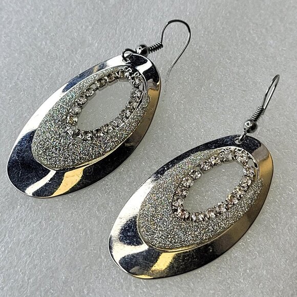 Silver Tone Drop Oval Earrings - Picture 1 of 12